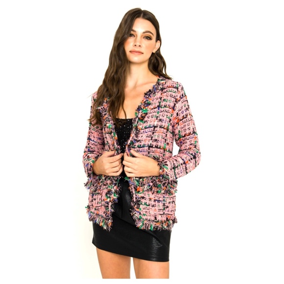 NWOT ENGLISH FACTORY | Neiman Marcus Tweed Bolero Jacket Pink Blazer Fringe - Picture 2 of 10